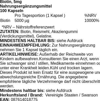 Produktetikett — Biotin, 5000mcg - 100 caps (PB 84255)