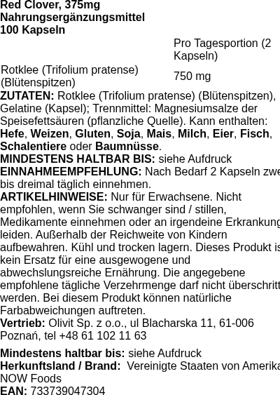Produktetikett — Red Clover, 375mg - 100 caps (PB 5370)