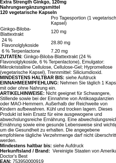 Produktetikett — Extra Strength Ginkgo, 120mg - 120 vcaps (PB 4265)