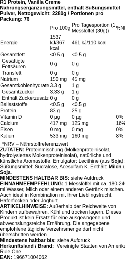 Produktetikett — R1 Protein, Vanilla Creme - 2280g (PB 114073)