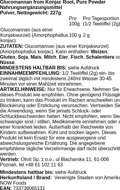 Produktetikett — Glucomannan from Konjac Root, Pure Powder - 227g (PB 71670)