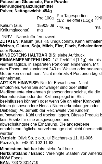 Produktetikett — Potassium Gluconate, Pure Powder - 454g (PB 72560)