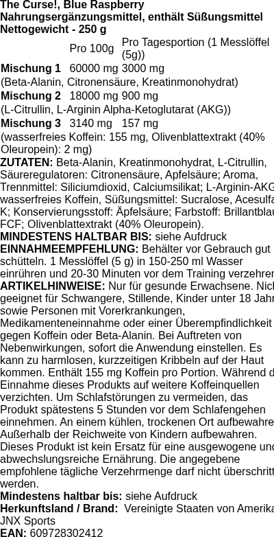 Produktetikett — The Curse!, Blue Raspberry - 250g (PB 10011)