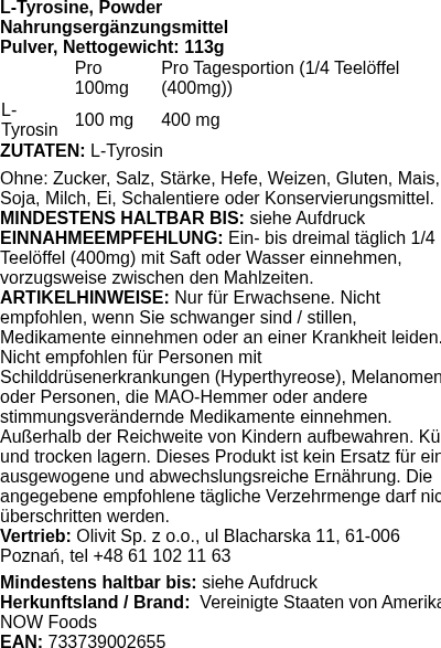 Produktetikett — L-Tyrosine, Powder - 113g (PB 8356)