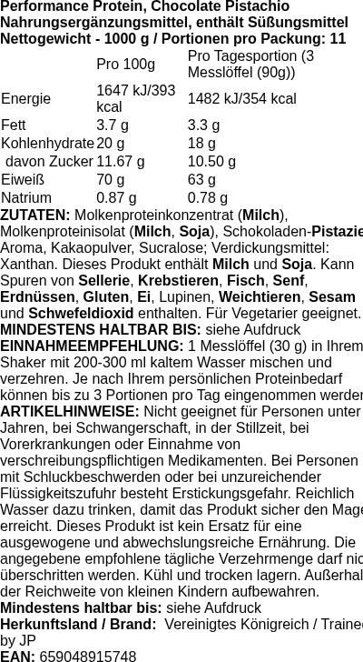 Produktetikett — Performance Protein, Chocolate Pistachio - 1000g (PB 123105)