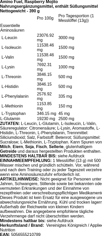 Produktetikett — Amino Fuel, Raspberry Mojito - 390g (PB 127795)