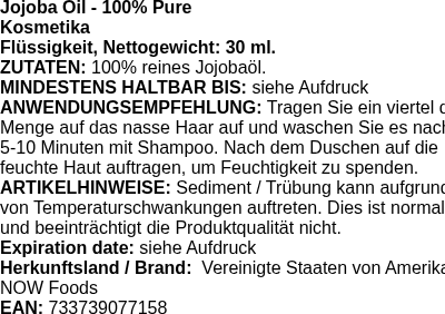 Produktetikett — Jojoba Oil - 100% Pure - 30 ml. (PB 82190)