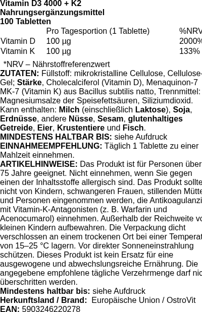 Produktetikett — Vitamin D3 4000 + K2 - 100 tablets (PB 126066)