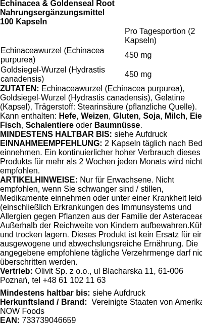 Produktetikett — Echinacea & Goldenseal Root - 100 caps (PB 82177)