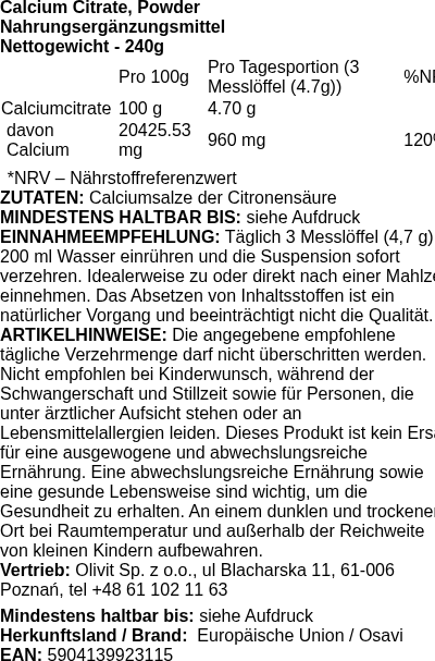 Produktetikett — Calcium Citrate, Powder - 240g (PB 114017)