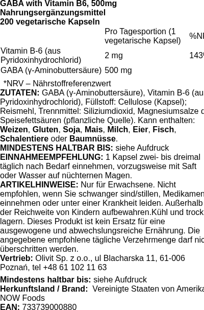 Produktetikett — GABA with Vitamin B6, 500mg - 200 vcaps (PB 82125)