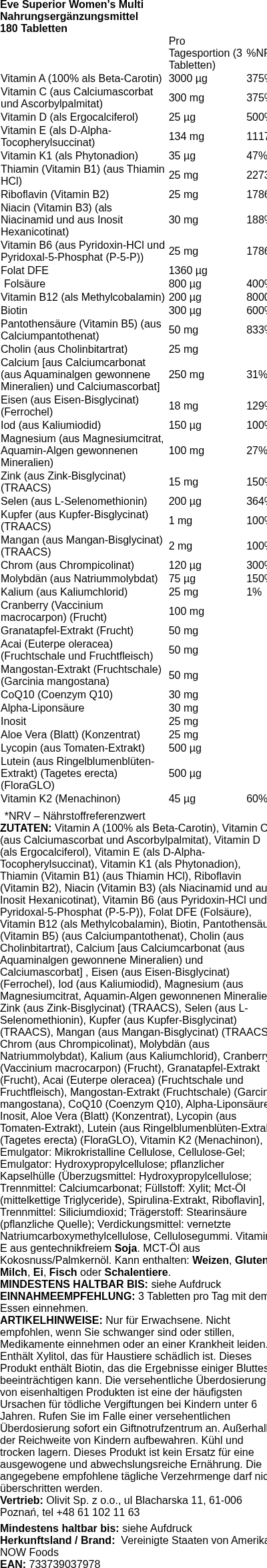 Produktetikett — Eve Superior Women's Multi - 180 tabs (PB 64292)