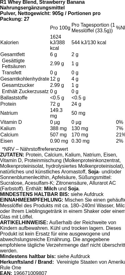 Produktetikett — R1 Whey Blend, Strawberry Banana - 905g (PB 117828)