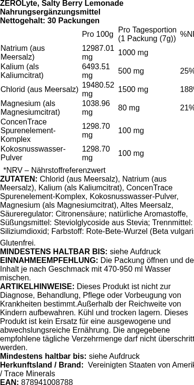 Produktetikett — ZEROLyte, Salty Berry Lemonade - 30 packets (PB 123420)