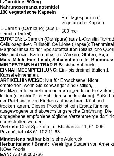 Produktetikett — L-Carnitine, 500mg - 180 vcaps (PB 2804)