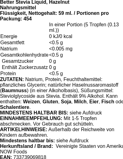 Produktetikett — Better Stevia Liquid, Hazelnut - 59 ml. (PB 10425)