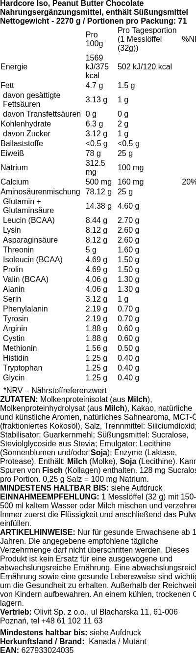 Produktetikett — Hardcore Iso, Peanut Butter Chocolate - 2270g (PB 71033)