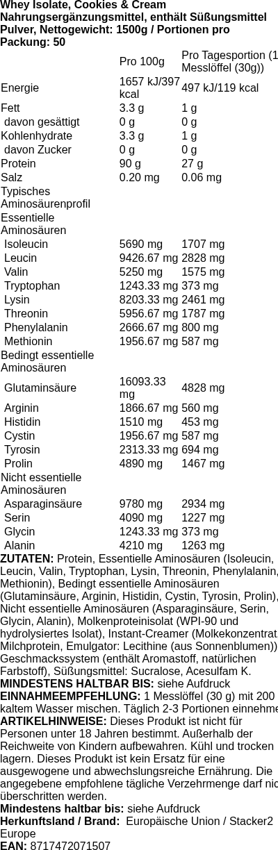 Produktetikett — Whey Isolate, Cookies & Cream - 1500g (PB 119604)