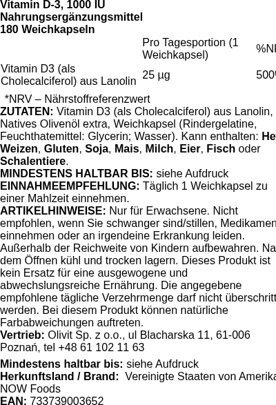 Produktetikett — Vitamin D-3, 1000 IU - 180 softgels (PB 5013)