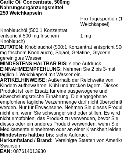 Produktetikett — Garlic Oil Concentrate, 500mg - 250 softgels (PB 96392)