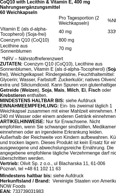 Produktetikett — CoQ10 with Lecithin & Vitamin E, 400mg - 60 softgels (PB 10473)