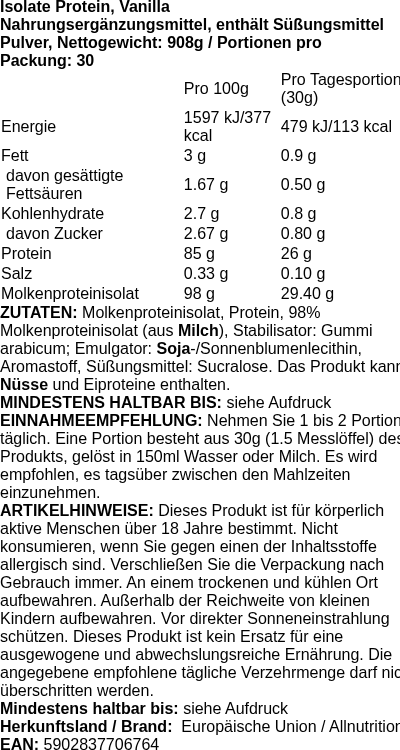 Produktetikett — Isolate Protein, Vanilla - 908g (PB 82968)
