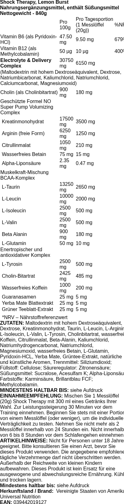Produktetikett — Shock Therapy, Lemon Burst - 840g (PB 126566)