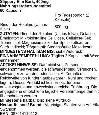 Produktetikett — Slippery Elm Bark, 400mg - 60 caps (PB 118180)