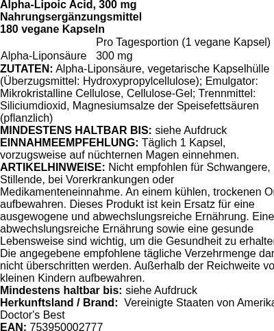 Produktetikett — Alpha-Lipoic Acid, 300mg - 180 vcaps (PB 83058)