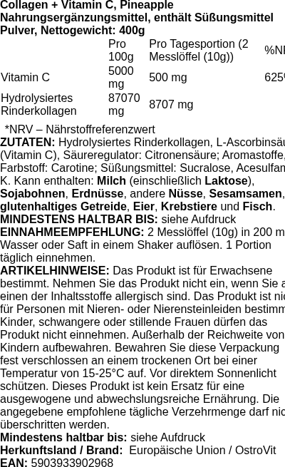 Produktetikett — Collagen + Vitamin C, Pineapple - 400g (PB 124369)