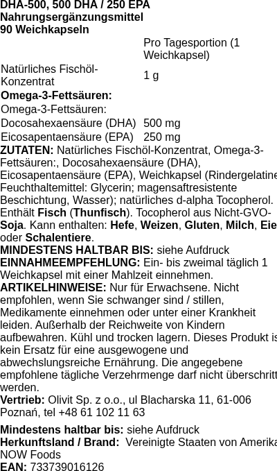Produktetikett — DHA-500, 500 DHA / 250 EPA - 90 softgels (PB 71560)