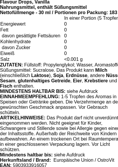 Produktetikett — Flavour Drops, Vanilla - 30ml. (PB 126075)