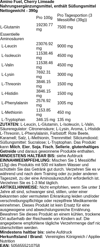 Produktetikett — Amino Fuel, Cherry Limeade - 390g (PB 367668)