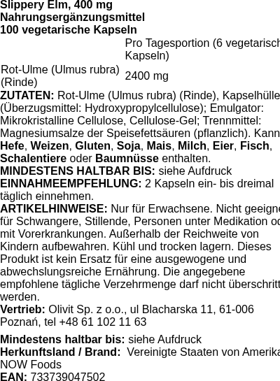 Produktetikett — Slippery Elm, 400mg - 100 vcaps (PB 72684)