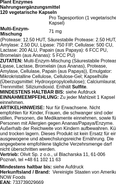 Produktetikett — Plant Enzymes - 120 vcaps (PB 10466)