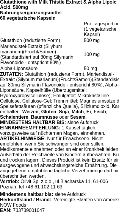 Produktetikett — Glutathione with Milk Thistle Extract & Alpha Lipoic Acid, 500mg - 60 vcaps (PB 71682)