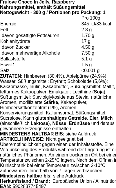 Produktetikett — Frulove Choco In Jelly, Raspberry - 300g (PB 115840)