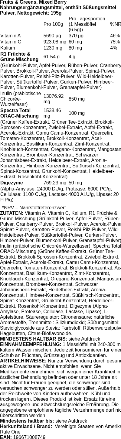 Produktetikett — Fruits & Greens, Mixed Berry - 195g (PB 119584)