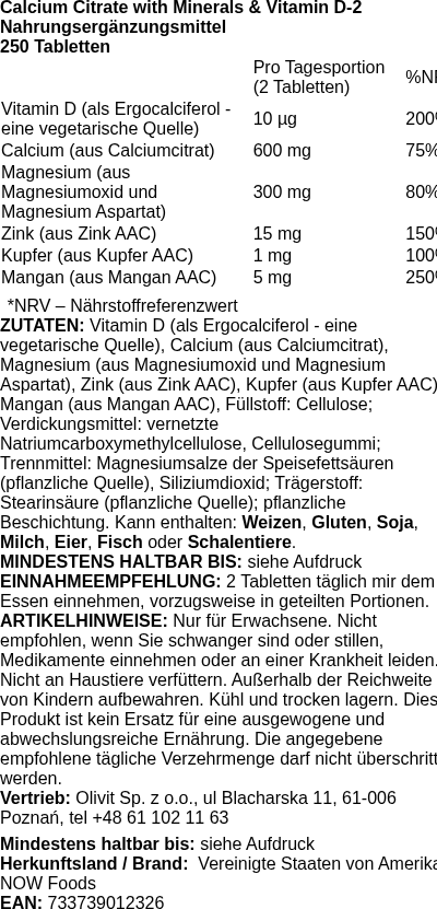 Produktetikett — Calcium Citrate with Minerals & Vitamin D-2 - 250 tabs (PB 8295)