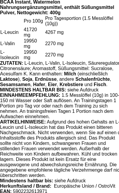 Produktetikett — BCAA Instant, Watermelon - 400g (PB 124255)