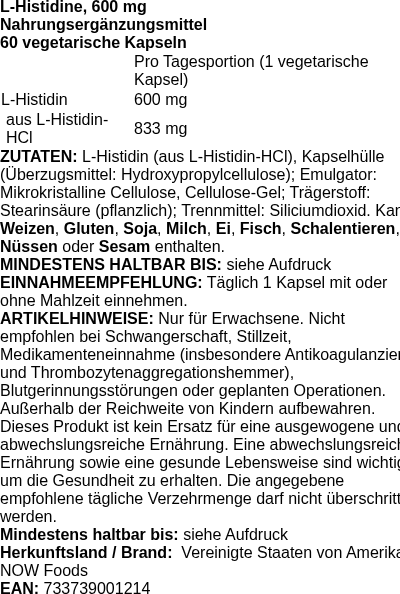 Produktetikett — L-Histidine, 600mg - 60 vcaps (PB 121318)