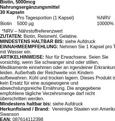 Produktetikett — Biotin, 5000mcg - 30 caps (PB 111045)