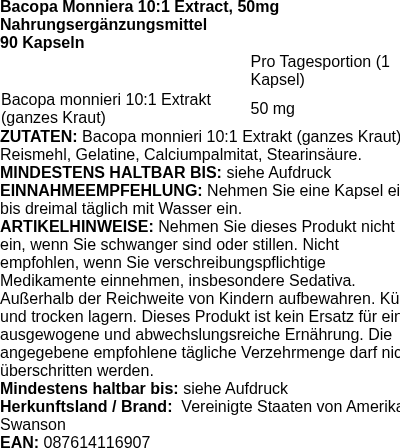 Produktetikett — Bacopa Monnieri 10:1 Extract, 50mg - 90 caps (PB 86691)