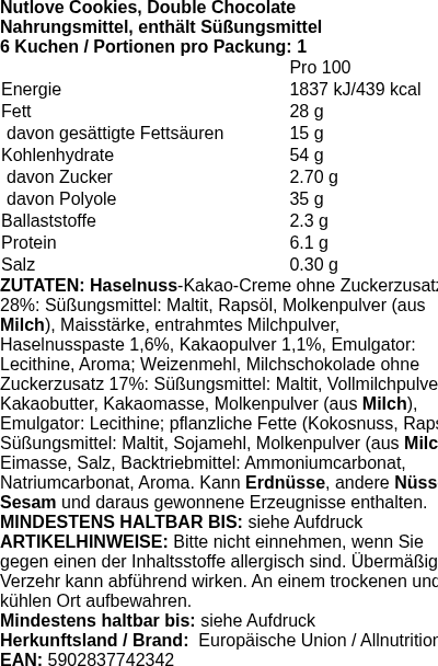 Produktetikett — Nutlove Cookies, Double Chocolate - 6 cookies (PB 113397)