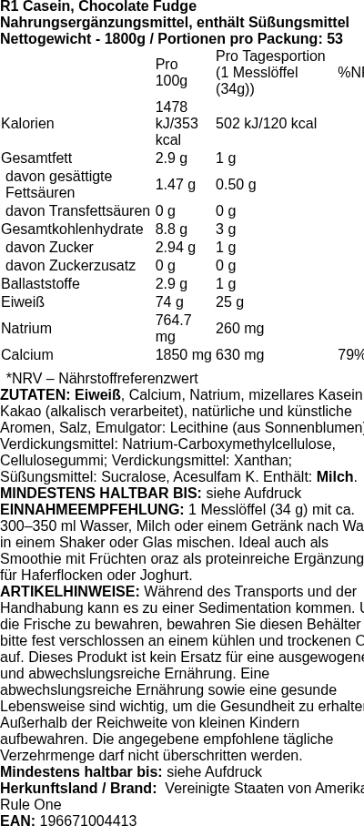 Produktetikett — R1 Casein, Chocolate Fudge - 1800g (PB 117733)