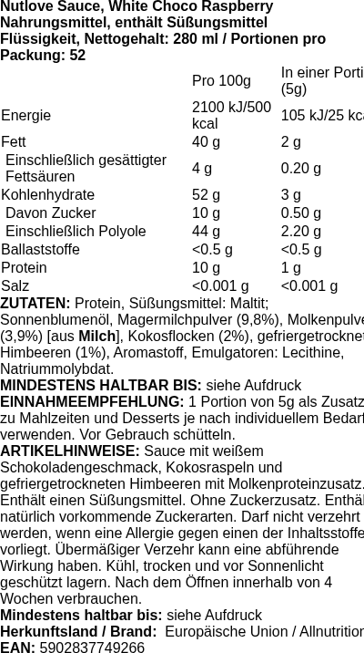 Produktetikett — Nutlove Sauce, White Choco Raspberry - 280 ml. (PB 122383)
