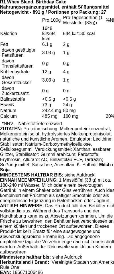 Produktetikett — R1 Whey Blend, Birthday Cake - 891g (PB 114146)