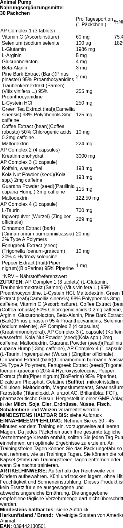 Produktetikett — Animal Pump - 30 packs (PB 1881)
