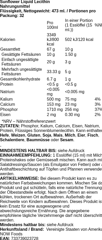 Produktetikett — Sunflower Lecithin, Liquid - 473 ml. (PB 72727)