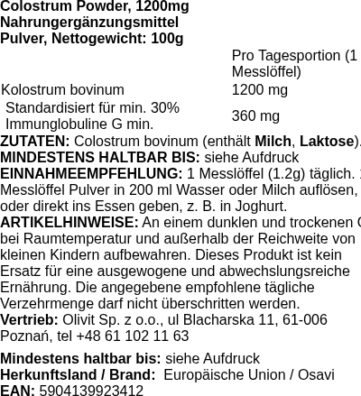 Produktetikett — Colostrum Powder, 1200mg - 100g (PB 114509)